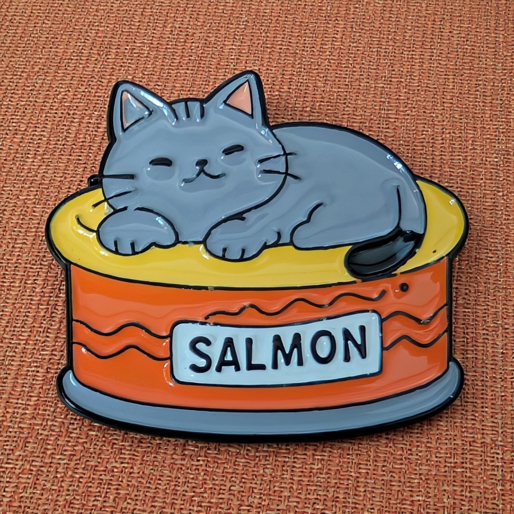 Gray Cat on Salmon Can Enamel Pin